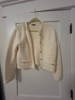 Massimo Dutti Cream Ribbed Knit Button-Front Women's Sweater Jacket